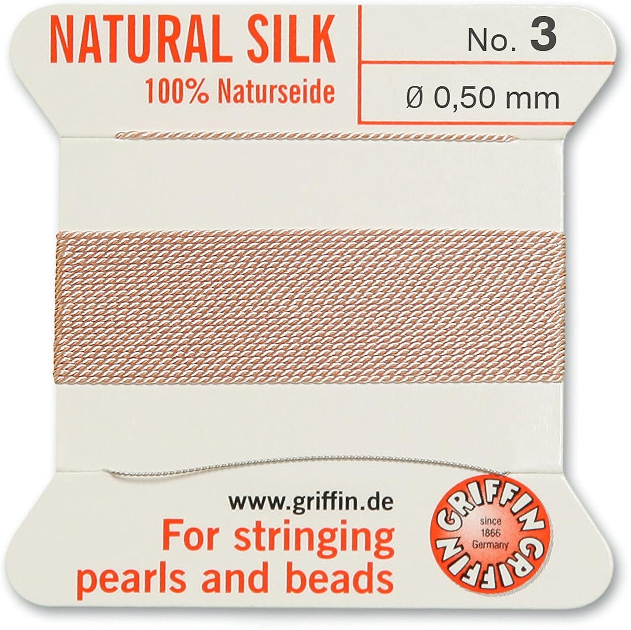 Griffin Silk Bead Cord Perlseide – Size 3 (0.50mm) – 2 Meters per Card – Stainless Steel Needle Attached – for Knotting Pearls, Gemstones, Crystals and Beads